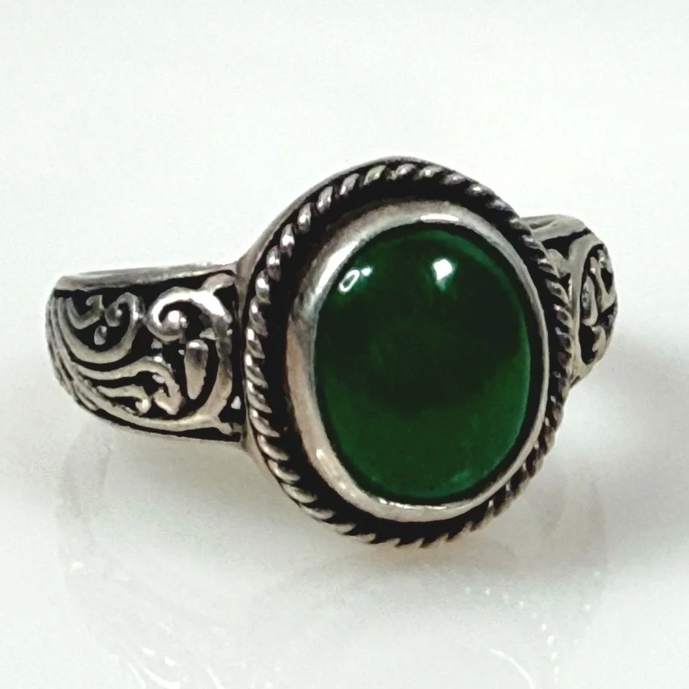 D'Joy 925 Sterling Silver Green Jade Cabochon Filigree Scroll Ring Size 10